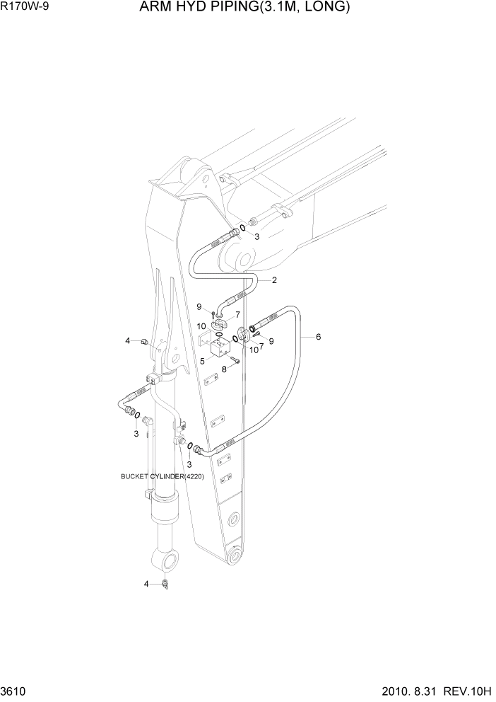 Схема запчастей Hyundai R170W9 - PAGE 3610 ARM HYD PIPING(3.1M, LONG) ГИДРАВЛИЧЕСКАЯ СИСТЕМА