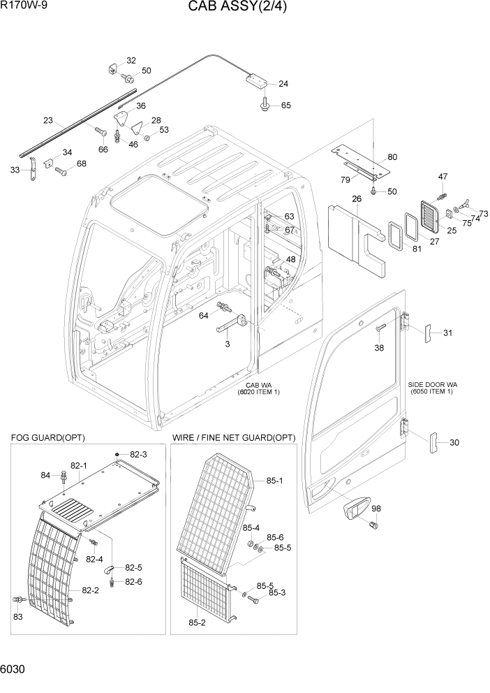 Схема запчастей Hyundai R170W9 - PAGE 6030 CAB ASSY(2/4) СТРУКТУРА