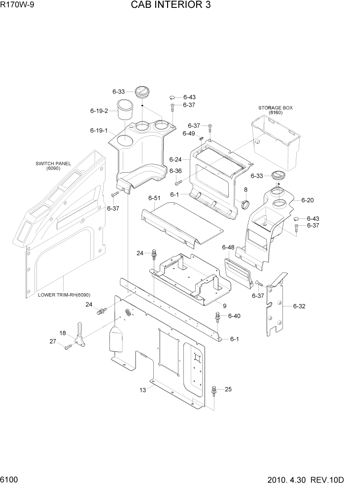 Схема запчастей Hyundai R170W9 - PAGE 6100 CAB INTERIOR 3 СТРУКТУРА