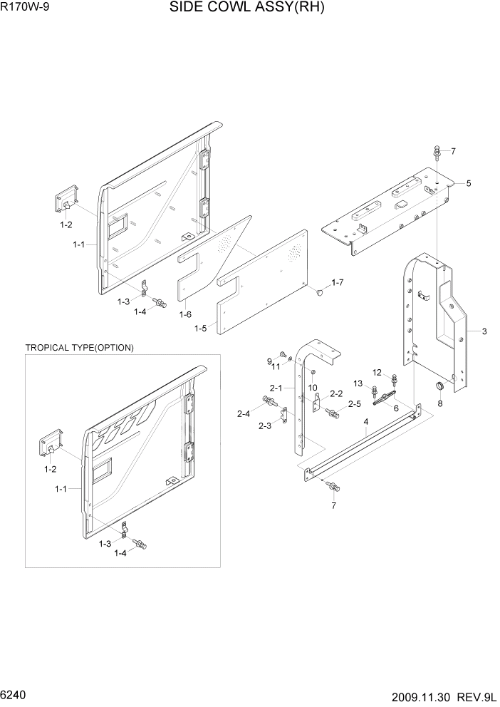 Схема запчастей Hyundai R170W9 - PAGE 6240 SIDE COWL ASSY(RH) СТРУКТУРА