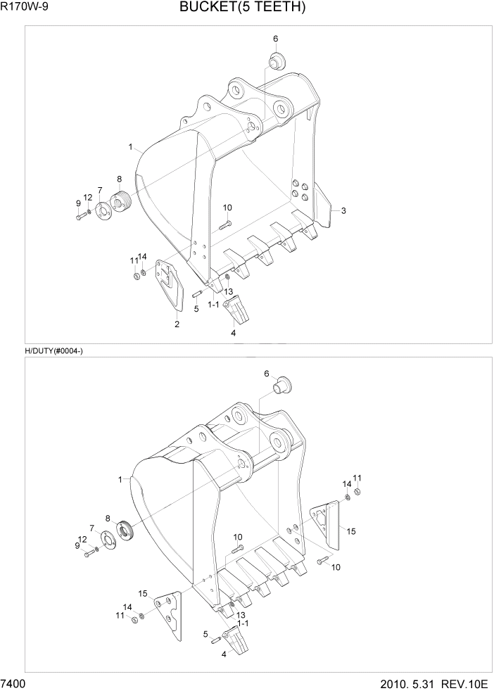 Схема запчастей Hyundai R170W9 - PAGE 7400 BUCKET(5 TEETH) РАБОЧЕЕ ОБОРУДОВАНИЕ