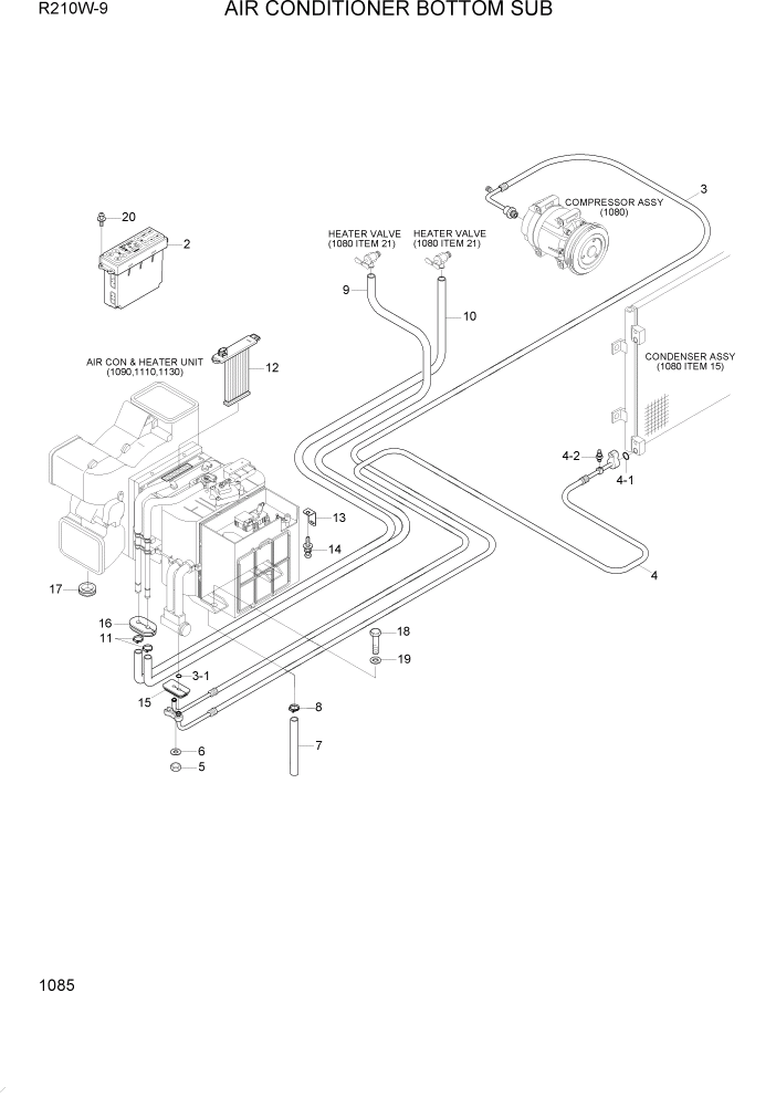 Схема запчастей Hyundai R210W-9 - PAGE 1085 AIR CONDITIONER BOTTOM SUB СИСТЕМА ДВИГАТЕЛЯ