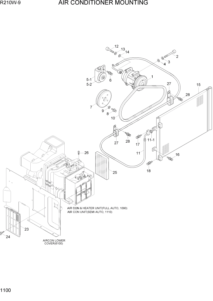 Схема запчастей Hyundai R210W-9 - PAGE 1100 AIR CONDITIONER MOUNTING СИСТЕМА ДВИГАТЕЛЯ