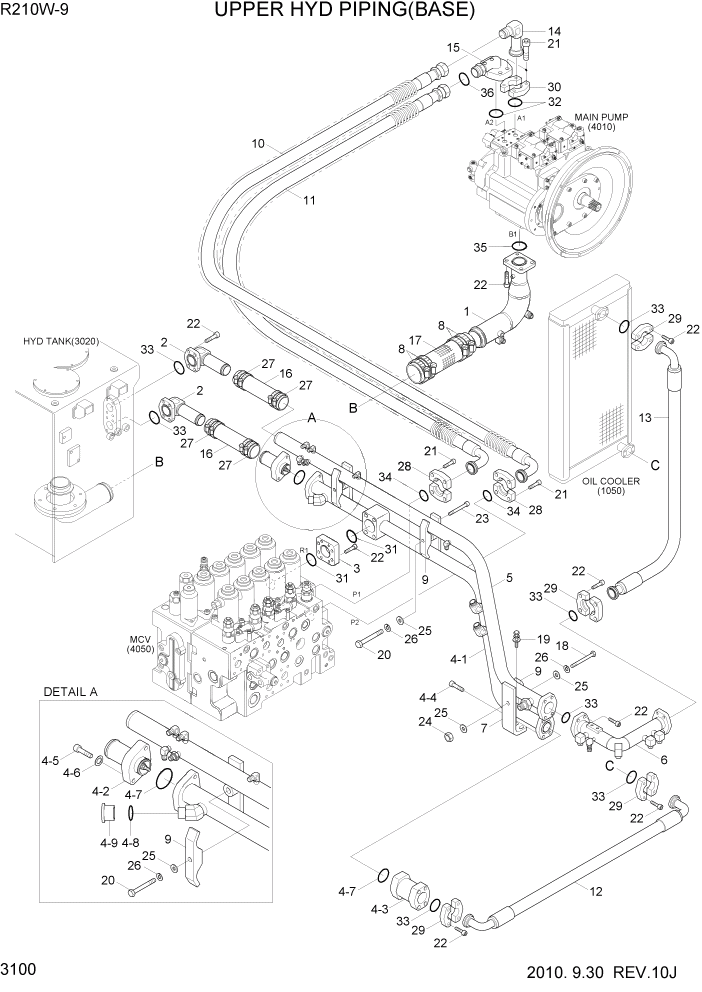 Схема запчастей Hyundai R210W-9 - PAGE 3100 UPPER HYD PIPING(BASE) ГИДРАВЛИЧЕСКАЯ СИСТЕМА