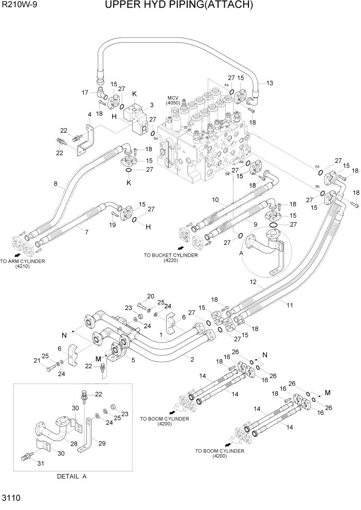 Схема запчастей Hyundai R210W-9 - PAGE 3110 UPPER HYD PIPING(ATTACH) ГИДРАВЛИЧЕСКАЯ СИСТЕМА