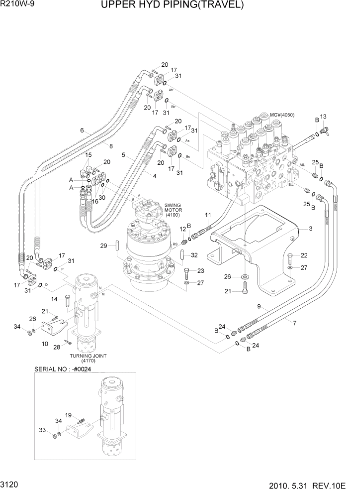 Схема запчастей Hyundai R210W-9 - PAGE 3120 UPPER HYD PIPING(TRAVEL) ГИДРАВЛИЧЕСКАЯ СИСТЕМА