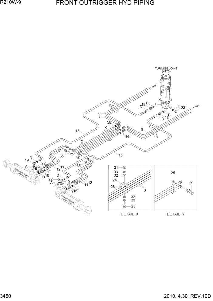 Схема запчастей Hyundai R210W-9 - PAGE 3450 FRONT OUTRIGGER HYD PIPING ГИДРАВЛИЧЕСКАЯ СИСТЕМА