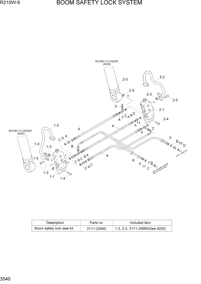 Схема запчастей Hyundai R210W-9 - PAGE 3540 BOOM SAFETY LOCK SYSTEM ГИДРАВЛИЧЕСКАЯ СИСТЕМА