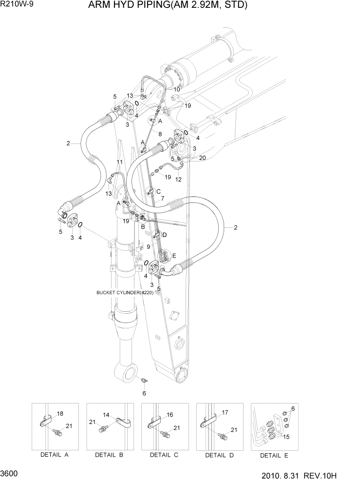 Схема запчастей Hyundai R210W-9 - PAGE 3600 ARM HYD PIPING(AM 2.92M, STD) ГИДРАВЛИЧЕСКАЯ СИСТЕМА