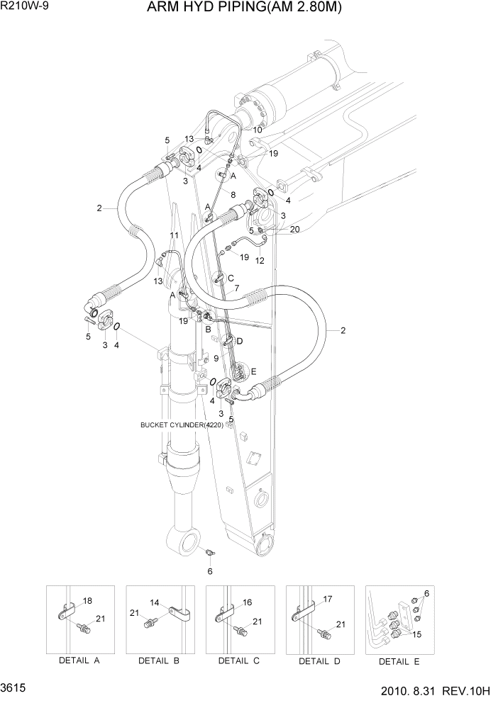 Схема запчастей Hyundai R210W-9 - PAGE 3615 ARM HYD PIPING(AM 2.80M) ГИДРАВЛИЧЕСКАЯ СИСТЕМА