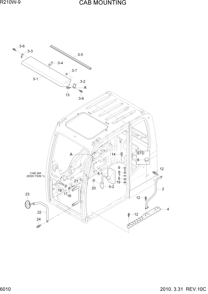 Схема запчастей Hyundai R210W-9 - PAGE 6010 CAB MOUNTING СТРУКТУРА