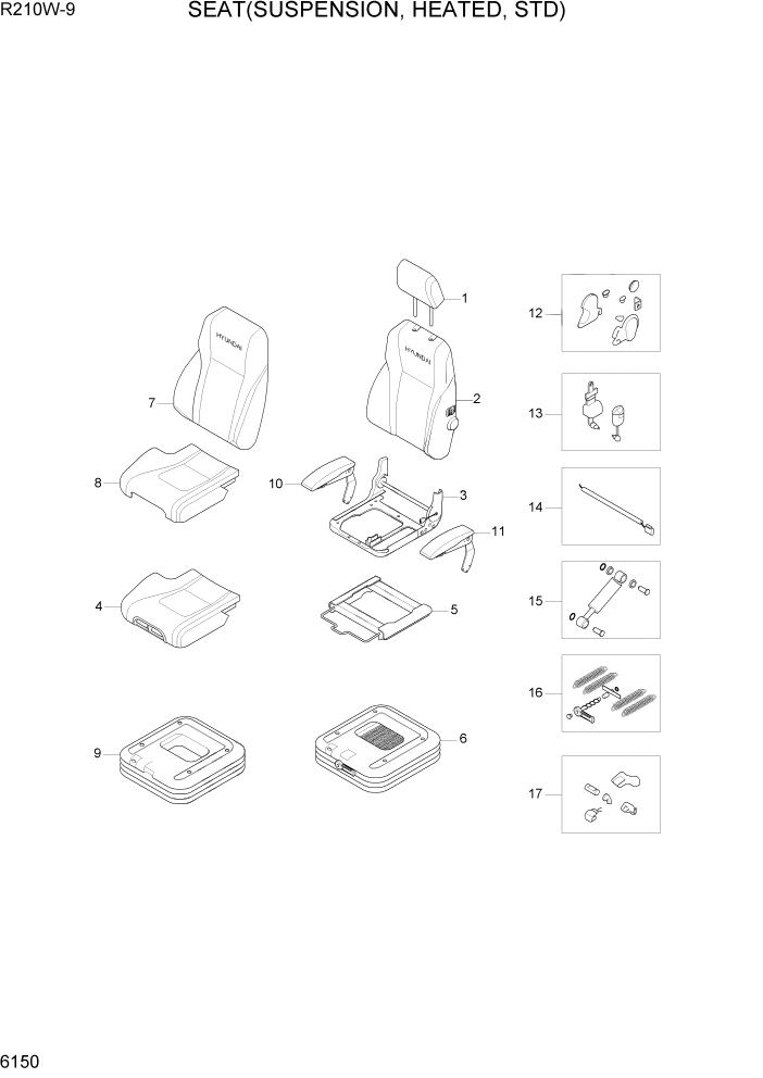 Схема запчастей Hyundai R210W-9 - PAGE 6150 SEAT(SUSPENSION, HEATED, STD) СТРУКТУРА