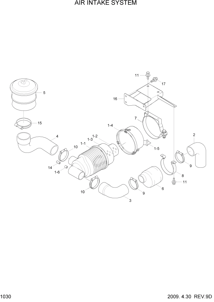 Схема запчастей Hyundai R55W7 - PAGE 1030 AIR INTAKE SYSTEM СИСТЕМА ДВИГАТЕЛЯ