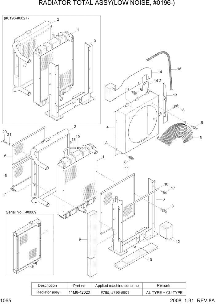 Схема запчастей Hyundai R55W7 - PAGE 1065 RADIATOR TOTAL ASSY(LOW NOISE, #0196-) СИСТЕМА ДВИГАТЕЛЯ