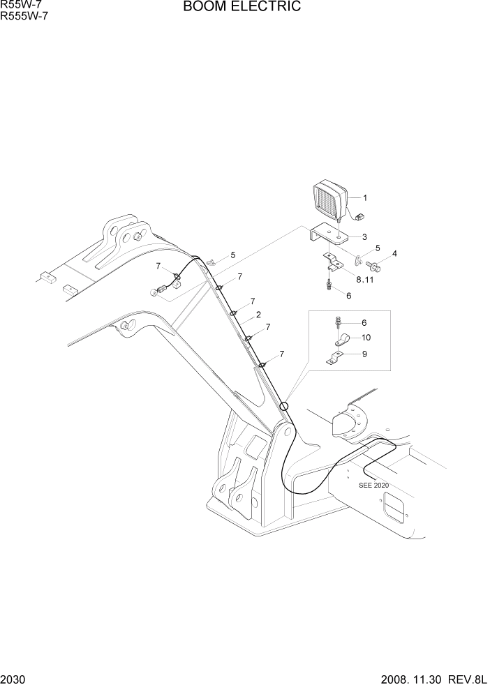Схема запчастей Hyundai R55W7 - PAGE 2030 BOOM ELECTRIC ЭЛЕКТРИЧЕСКАЯ СИСТЕМА