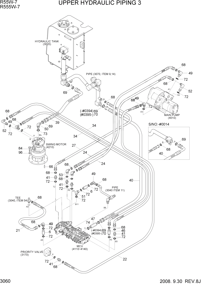 Схема запчастей Hyundai R55W7 - PAGE 3060 UPPER HYDRAULIC PIPING 3 ГИДРАВЛИЧЕСКАЯ СИСТЕМА