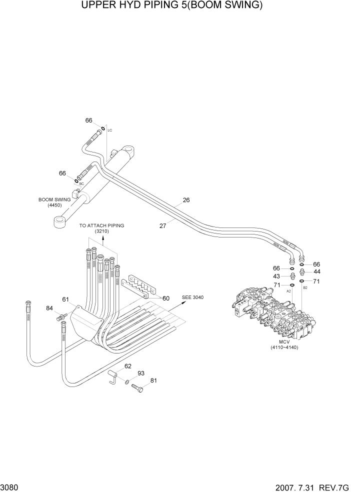 Схема запчастей Hyundai R55W7 - PAGE 3080 UPPER HYD PIPING 5(BOOM SWING) ГИДРАВЛИЧЕСКАЯ СИСТЕМА