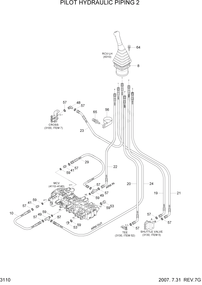 Схема запчастей Hyundai R55W7 - PAGE 3110 PILOT HYDRAULIC PIPING 2 ГИДРАВЛИЧЕСКАЯ СИСТЕМА