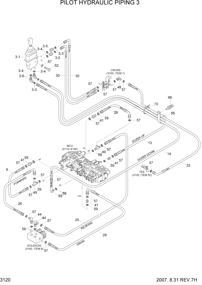 Схема запчастей Hyundai R55W7 - PAGE 3120 PILOT HYDRAULIC PIPING 3 ГИДРАВЛИЧЕСКАЯ СИСТЕМА