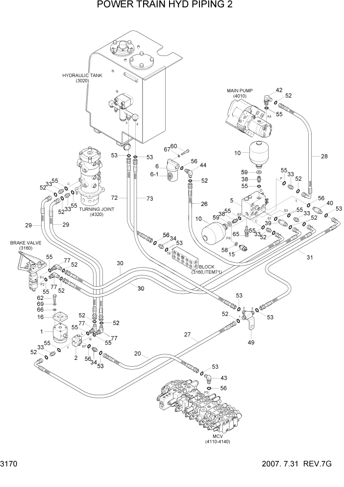 Схема запчастей Hyundai R55W7 - PAGE 3170 POWER TRAIN HYD PIPING 2 ГИДРАВЛИЧЕСКАЯ СИСТЕМА