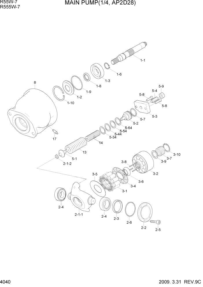 Схема запчастей Hyundai R55W7 - PAGE 4040 MAIN PUMP(1/4, AP2D28) ГИДРАВЛИЧЕСКИЕ КОМПОНЕНТЫ