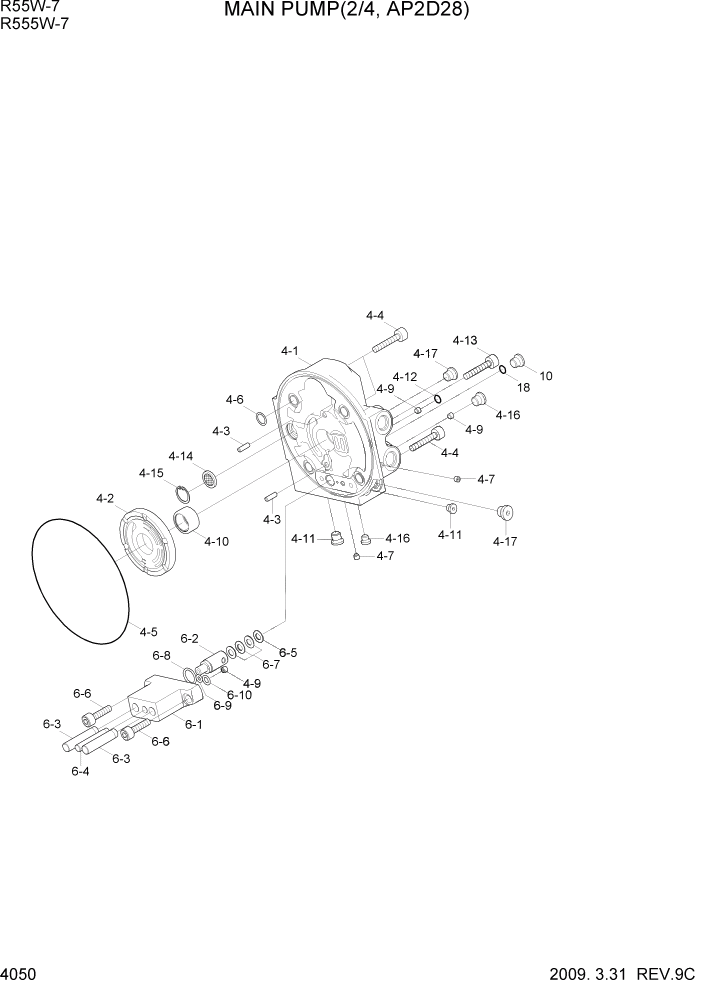 Схема запчастей Hyundai R55W7 - PAGE 4050 MAIN PUMP(2/4, AP2D28) ГИДРАВЛИЧЕСКИЕ КОМПОНЕНТЫ