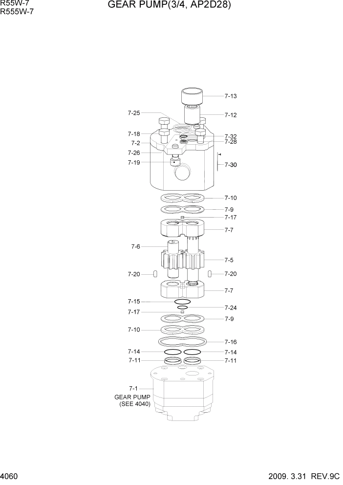 Схема запчастей Hyundai R55W7 - PAGE 4060 GEAR PUMP(3/4, AP2D28) ГИДРАВЛИЧЕСКИЕ КОМПОНЕНТЫ