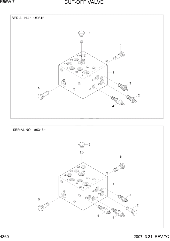 Схема запчастей Hyundai R55W7 - PAGE 4360 CUT-OFF VALVE ГИДРАВЛИЧЕСКИЕ КОМПОНЕНТЫ