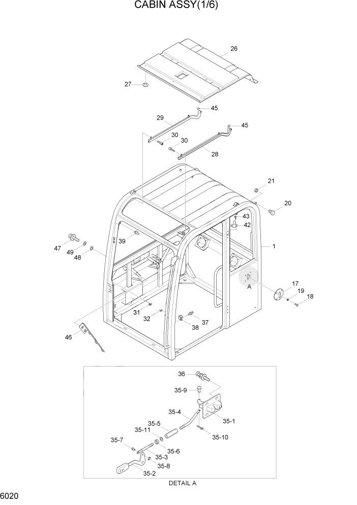 Схема запчастей Hyundai R55W7 - PAGE 6020 CAB ASSY(1/6) СТРУКТУРА