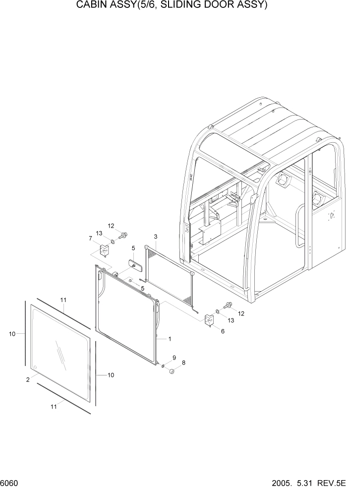 Схема запчастей Hyundai R55W7 - PAGE 6060 CAB ASSY(5/6, SLIDING DOOR ASSY) СТРУКТУРА