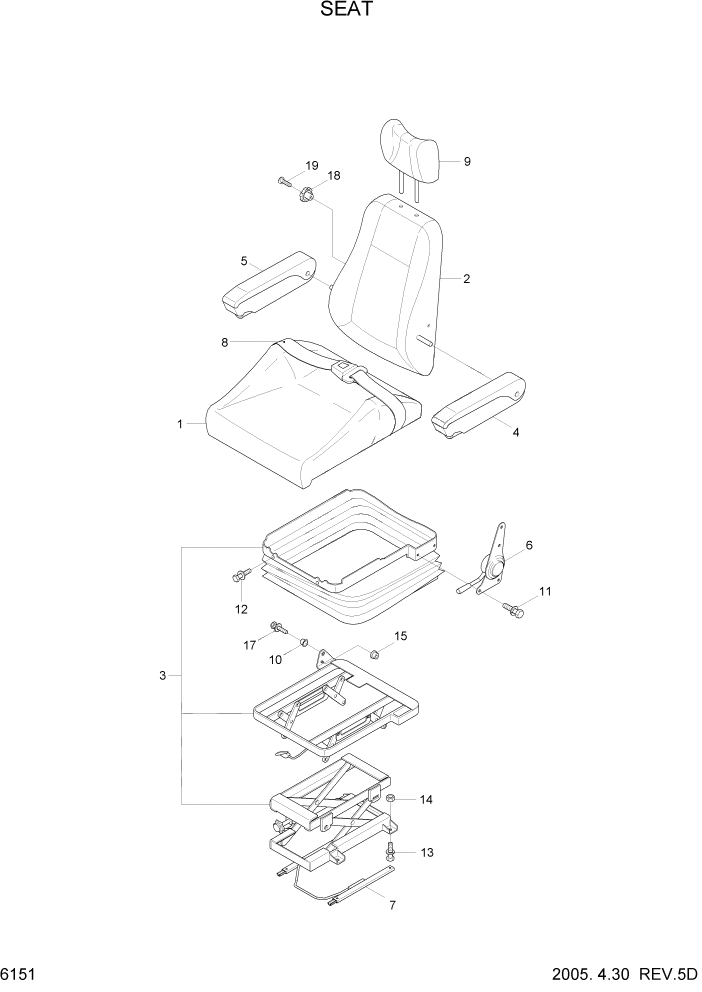 Схема запчастей Hyundai R55W7 - PAGE 6151 SEAT СТРУКТУРА