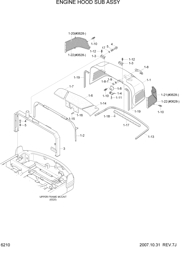 Схема запчастей Hyundai R55W7 - PAGE 6210 ENGINE HOOD SUB ASSY СТРУКТУРА