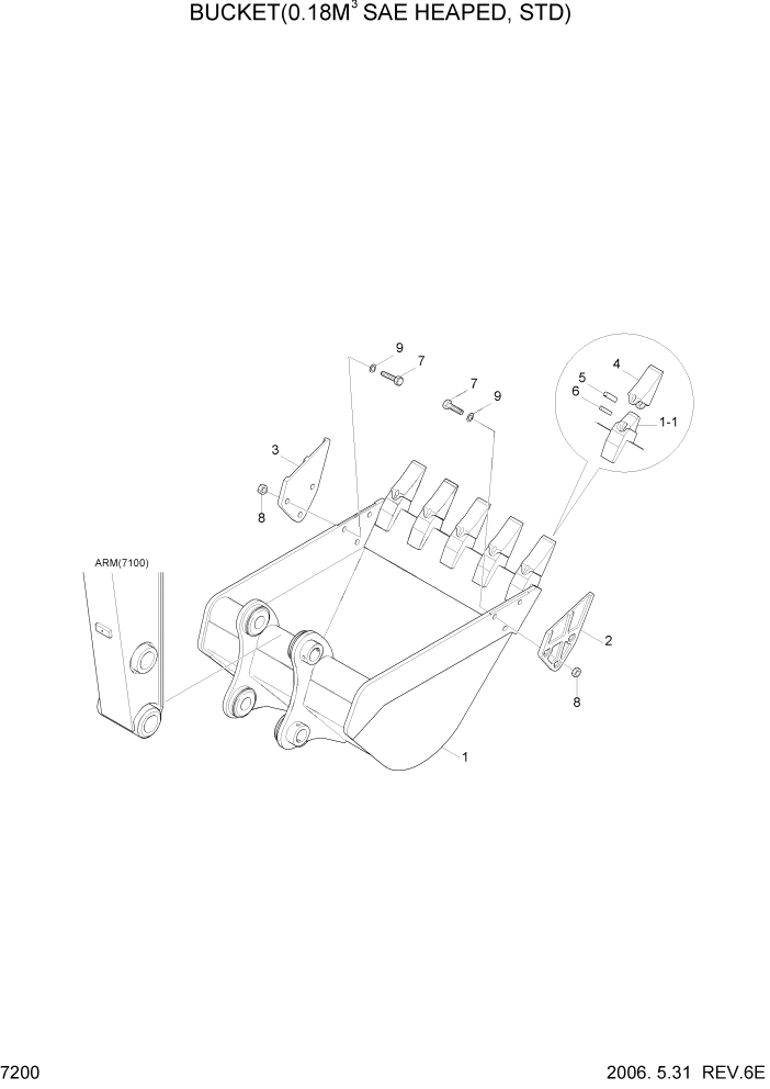 Схема запчастей Hyundai R55W7 - PAGE 7200 BUCKET(0.18M3 SAE HEAPED, STD) РАБОЧЕЕ ОБОРУДОВАНИЕ