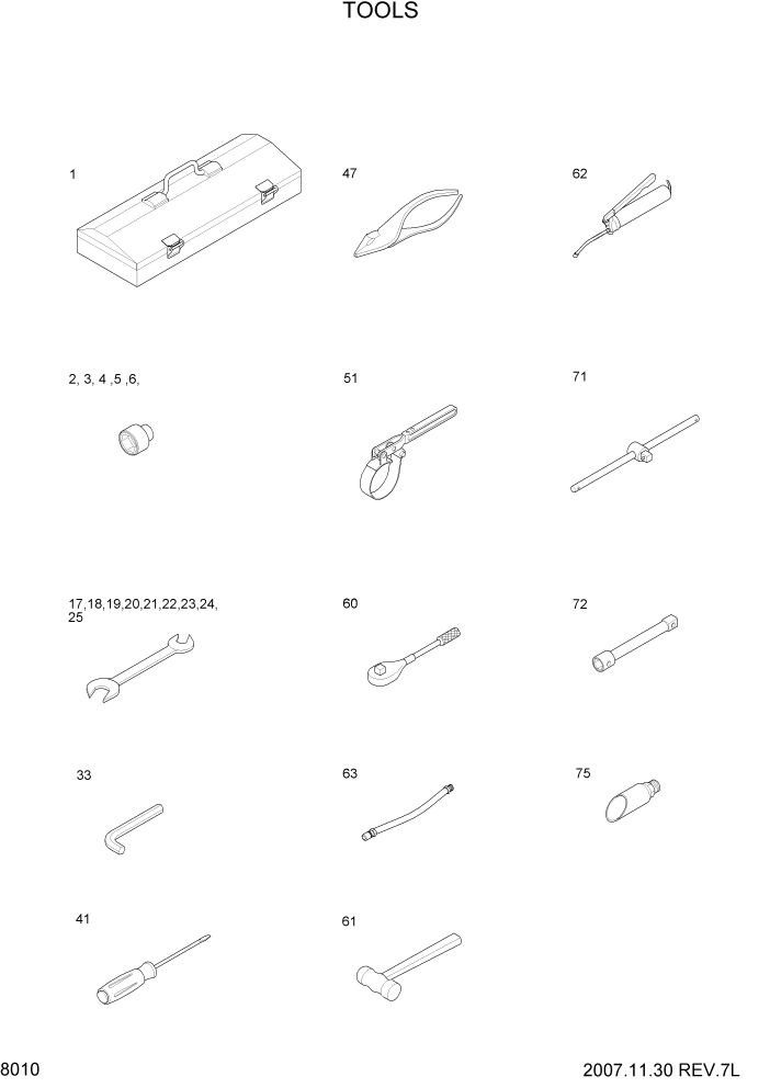 Схема запчастей Hyundai R55W7 - PAGE 8010 TOOLS ДРУГИЕ ЧАСТИ