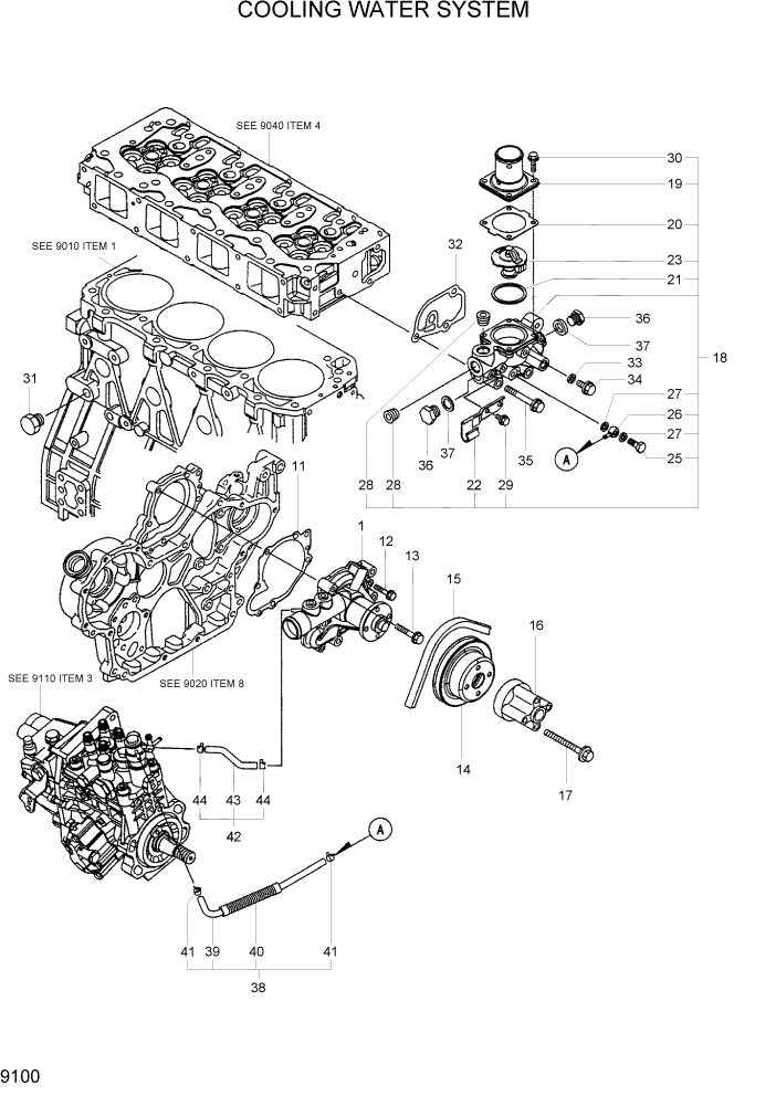 Схема запчастей Hyundai R55W7 - PAGE 9100 COOLING WATER SYSTEM ДВИГАТЕЛЬ БАЗА