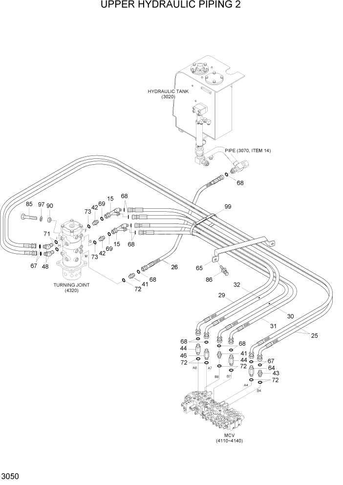 Схема запчастей Hyundai R55W7A - PAGE 3050 UPPER HYDRAULIC PIPING 2 ГИДРАВЛИЧЕСКАЯ СИСТЕМА