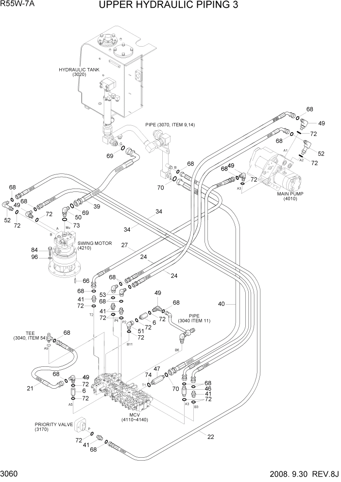 Схема запчастей Hyundai R55W7A - PAGE 3060 UPPER HYDRAULIC PIPING 3 ГИДРАВЛИЧЕСКАЯ СИСТЕМА