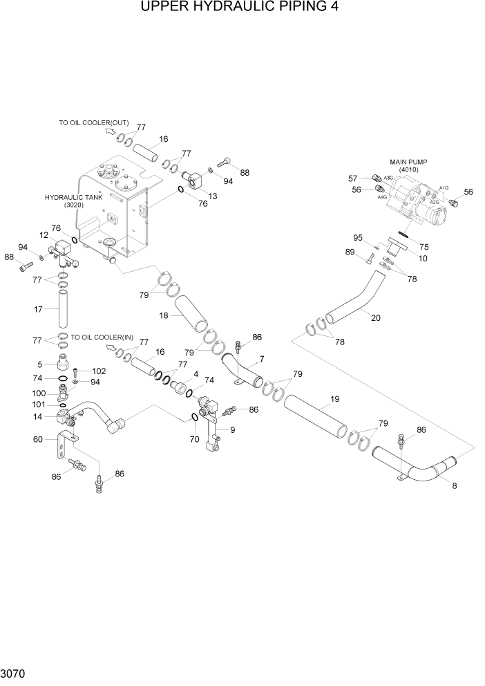 Схема запчастей Hyundai R55W7A - PAGE 3070 UPPER HYDRAULIC PIPING 4 ГИДРАВЛИЧЕСКАЯ СИСТЕМА