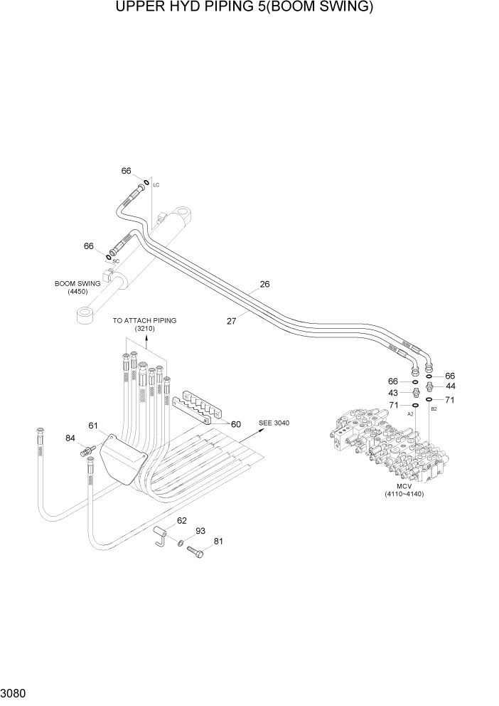 Схема запчастей Hyundai R55W7A - PAGE 3080 UPPER HYD PIPING 5(BOOM SWING) ГИДРАВЛИЧЕСКАЯ СИСТЕМА