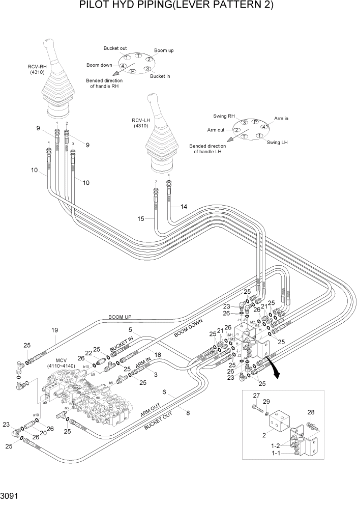 Схема запчастей Hyundai R55W7A - PAGE 3091 PILOT HYD PIPING(LEVER PATTERN 2) ГИДРАВЛИЧЕСКАЯ СИСТЕМА