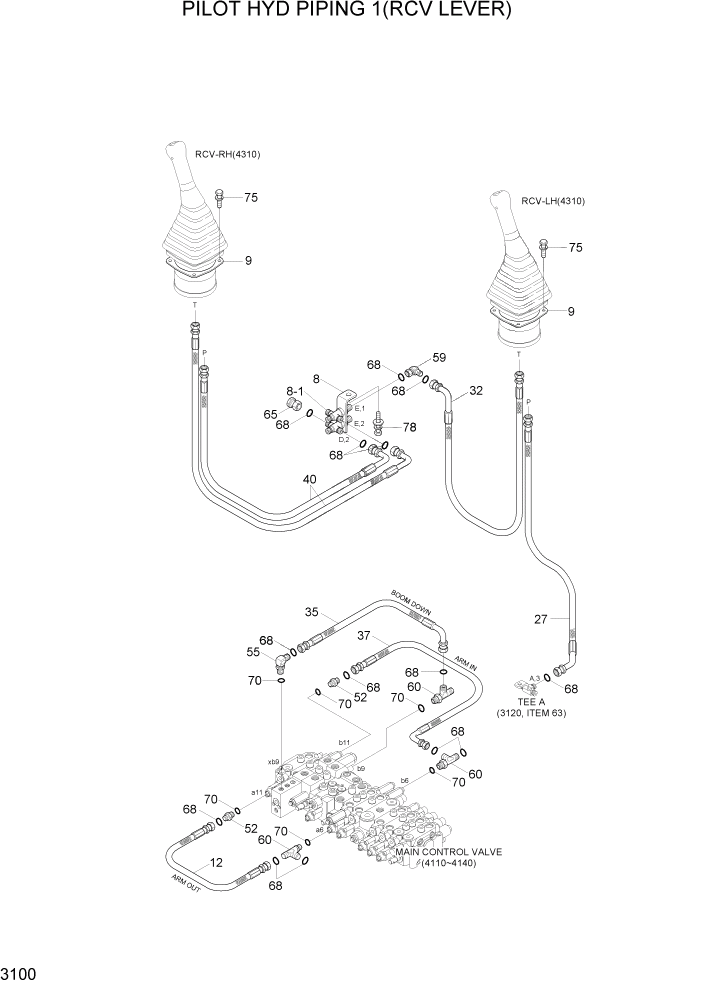 Схема запчастей Hyundai R55W7A - PAGE 3100 PILOT HYD PIPING 1(RCV LEVER) ГИДРАВЛИЧЕСКАЯ СИСТЕМА