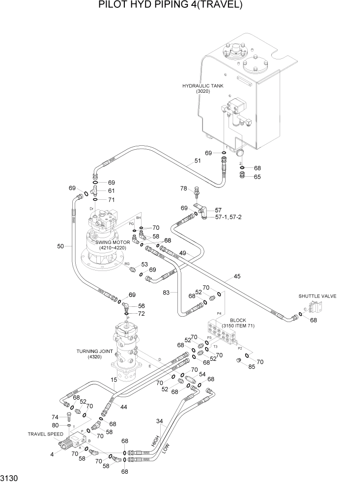 Схема запчастей Hyundai R55W7A - PAGE 3130 PILOT HYD PIPING 4(TRAVEL) ГИДРАВЛИЧЕСКАЯ СИСТЕМА