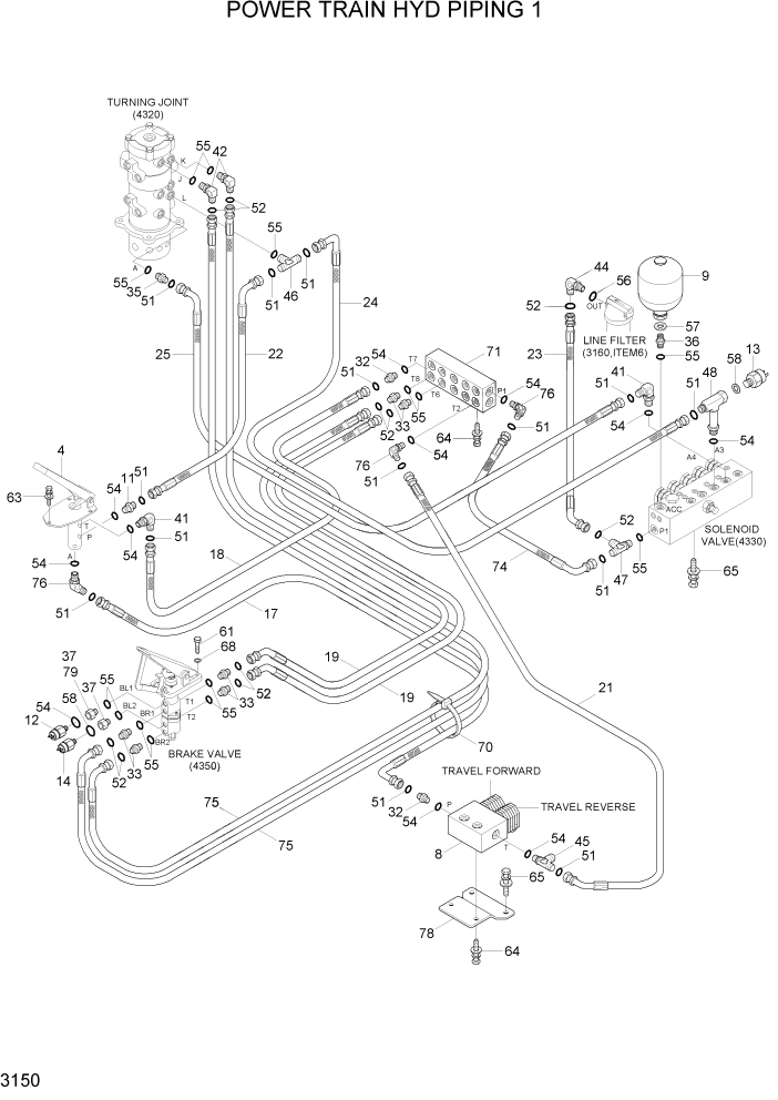 Схема запчастей Hyundai R55W7A - PAGE 3150 POWER TRAIN HYD PIPING 1 ГИДРАВЛИЧЕСКАЯ СИСТЕМА