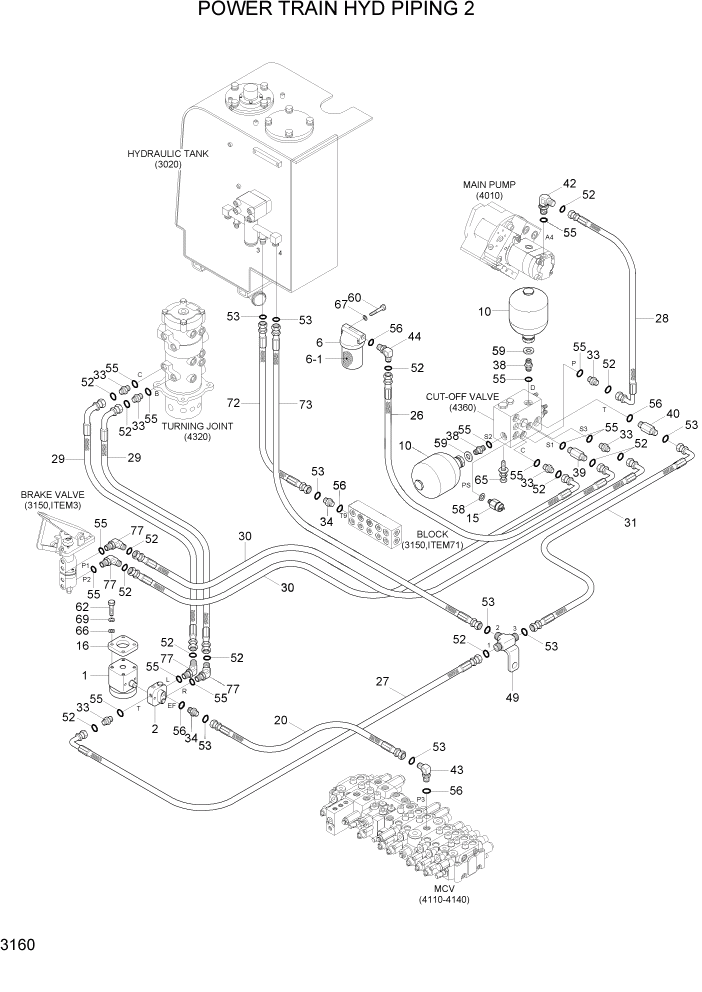 Схема запчастей Hyundai R55W7A - PAGE 3160 POWER TRAIN HYD PIPING 2 ГИДРАВЛИЧЕСКАЯ СИСТЕМА