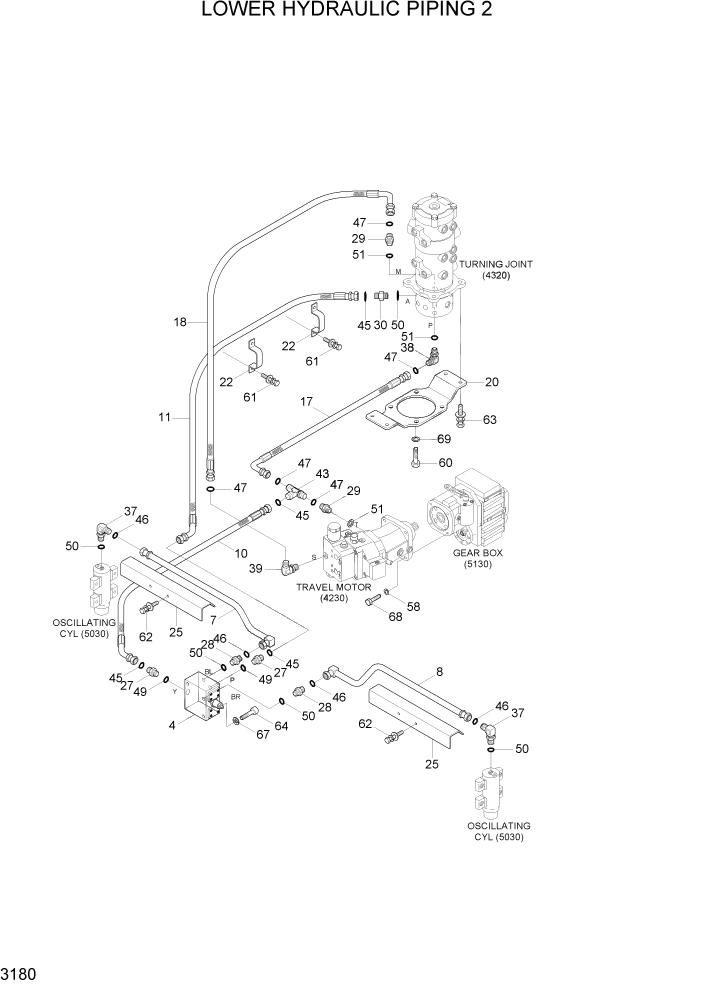 Схема запчастей Hyundai R55W7A - PAGE 3180 LOWER HYDRAULIC PIPING 2 ГИДРАВЛИЧЕСКАЯ СИСТЕМА