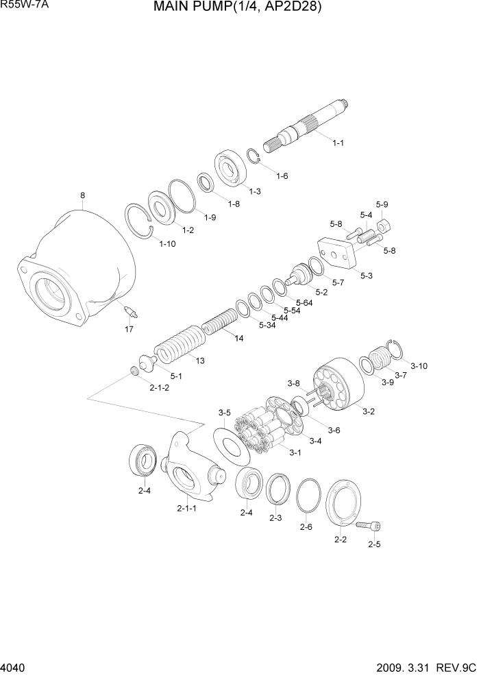 Схема запчастей Hyundai R55W7A - PAGE 4040 MAIN PUMP(1/4, AP2D28) ГИДРАВЛИЧЕСКИЕ КОМПОНЕНТЫ