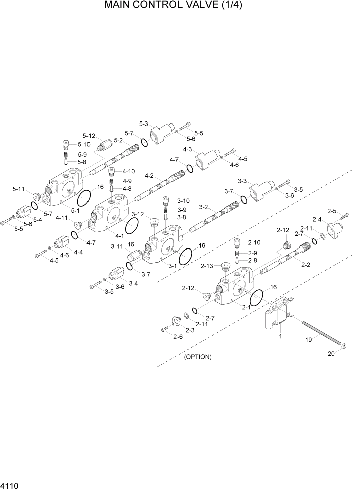 Схема запчастей Hyundai R55W7A - PAGE 4110 MAIN CONTROL VALVE(1/4) ГИДРАВЛИЧЕСКИЕ КОМПОНЕНТЫ