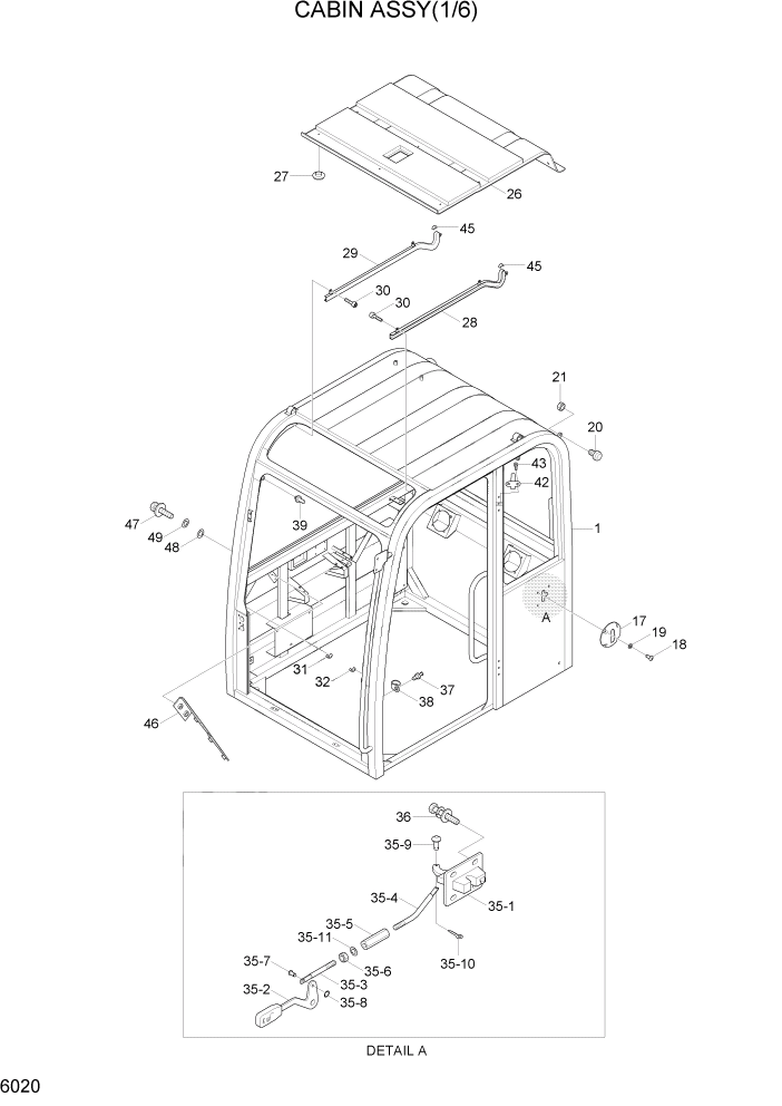 Схема запчастей Hyundai R55W7A - PAGE 6020 CABIN ASSY(1/6) СТРУКТУРА