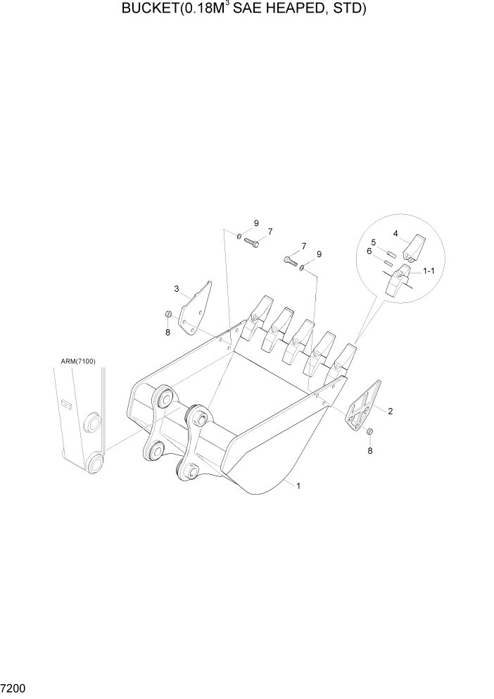 Схема запчастей Hyundai R55W7A - PAGE 7200 BUCKET(0.18M3 SAE HEAPED, STD) РАБОЧЕЕ ОБОРУДОВАНИЕ