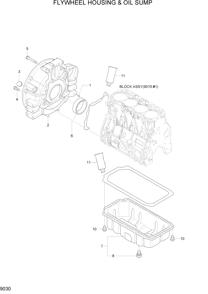 Схема запчастей Hyundai R55W7A - PAGE 9030 FLYWHEEL HOUSING & OIL SUMP ДВИГАТЕЛЬ БАЗА